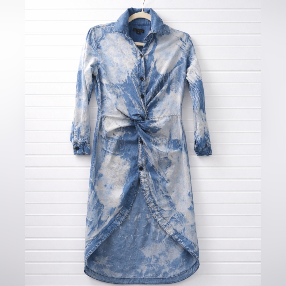 Tie-Front Long Sleeve Denim Shirt Dress - Blue